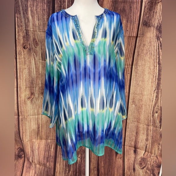 Chico's Tops - Chico’s metallic Ikat print embellished V-neck sheet blouse women’s size XL